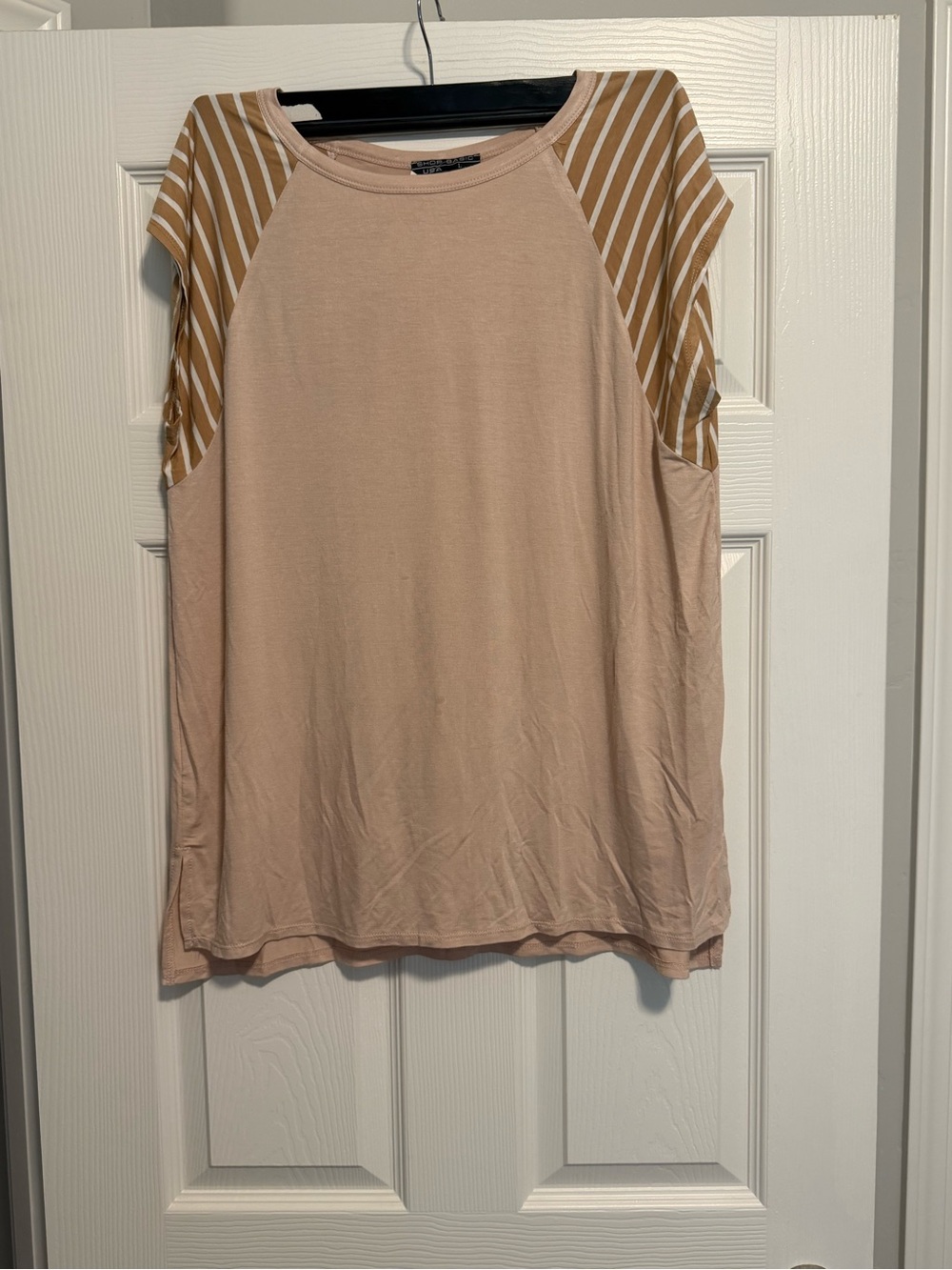 Blush Pink Raglan Tee with Mustard Stripe Sleeves